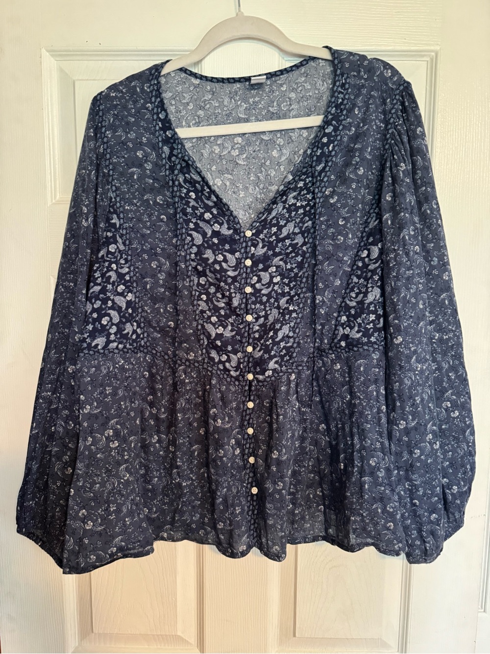 Old Navy Navy Floral Button-Down Peasant Blouse